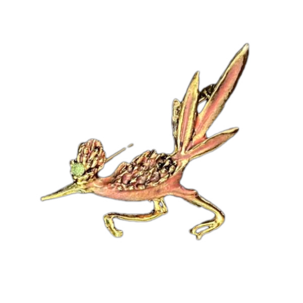 Vintage Roadrunner Brooch Gold With Pink Shading And Green Stone For Eye